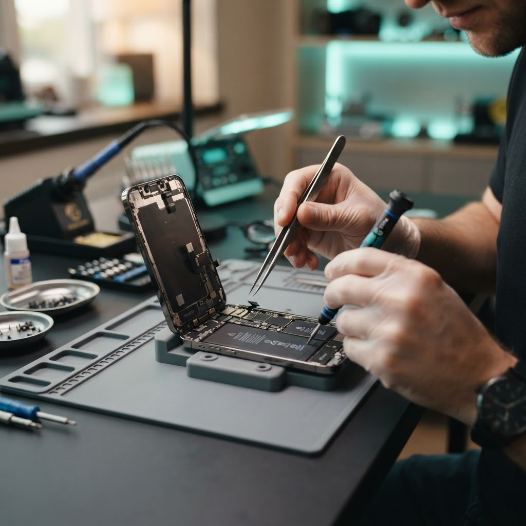 Certified technician repairing a smartphone with precision tools