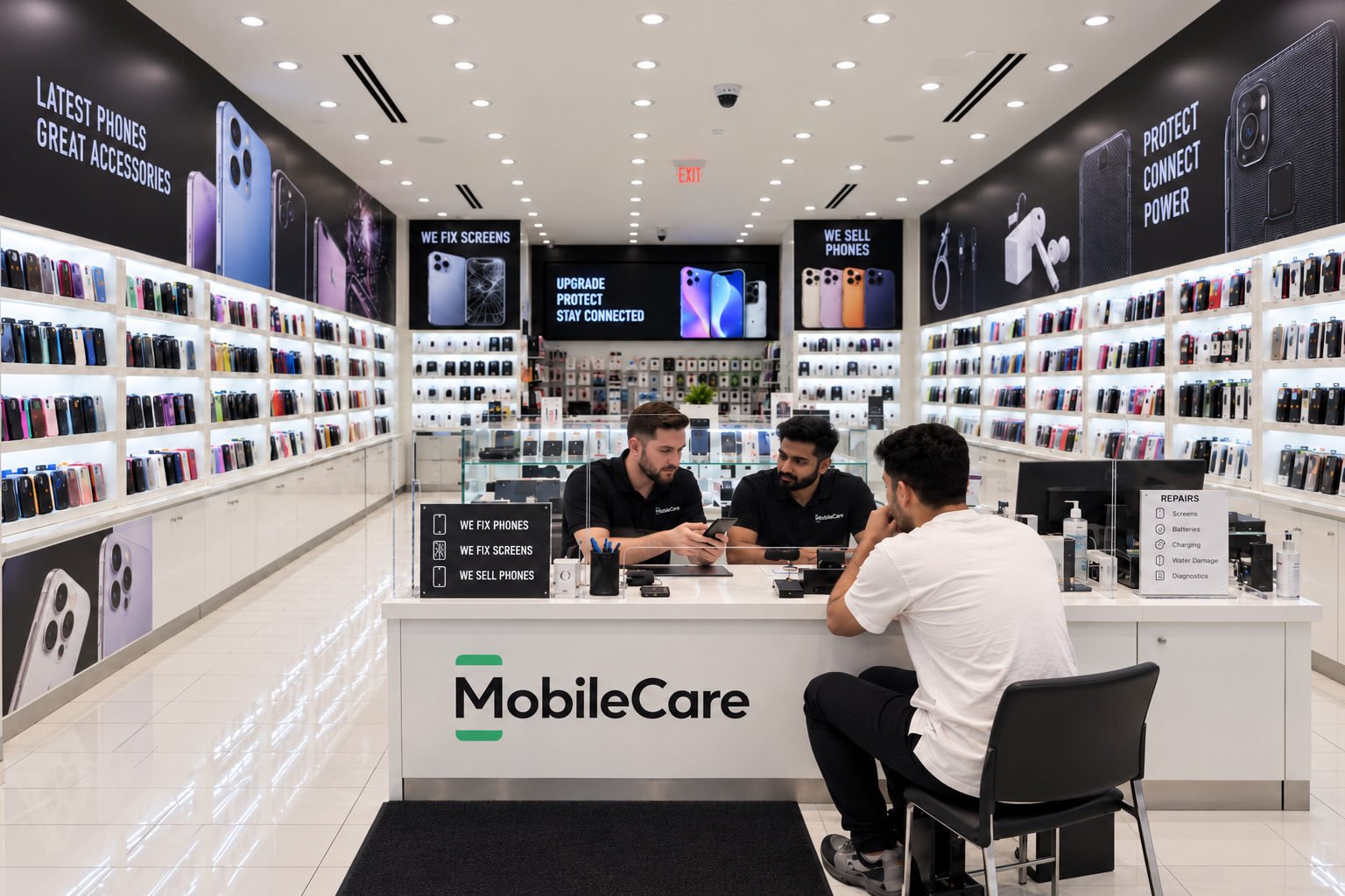 Inside a Mobile Care store — staff helping a customer at the service counter, surrounded by phones and accessories